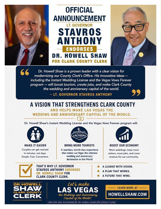 Official announcement: Lt. Governor Stavros Anthony endorses Dr. Howell Shaw for Clark County Clerk